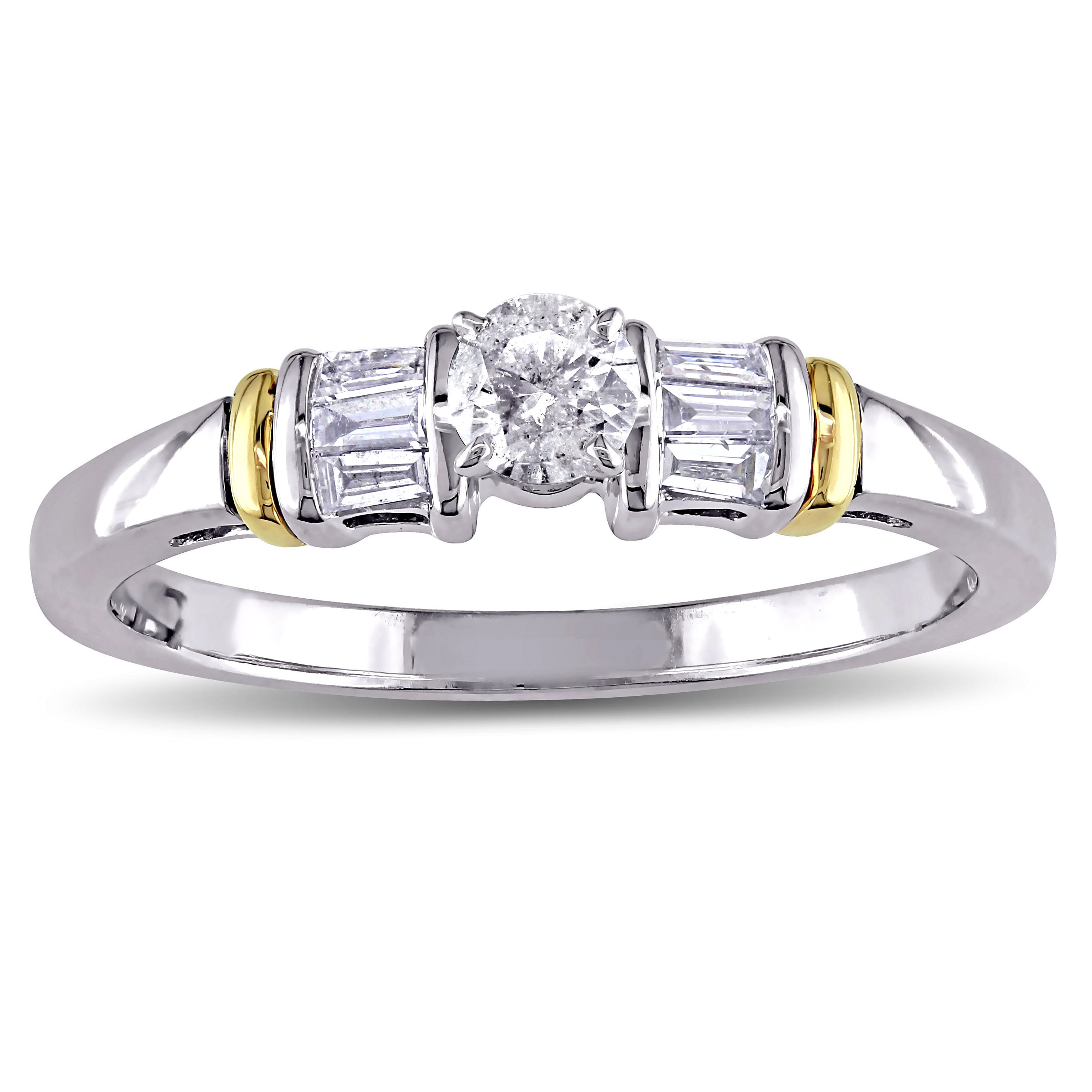 Engage with Elegance - 3-Stone White Gold Diamond Ring with Round and Tapered Baguettes