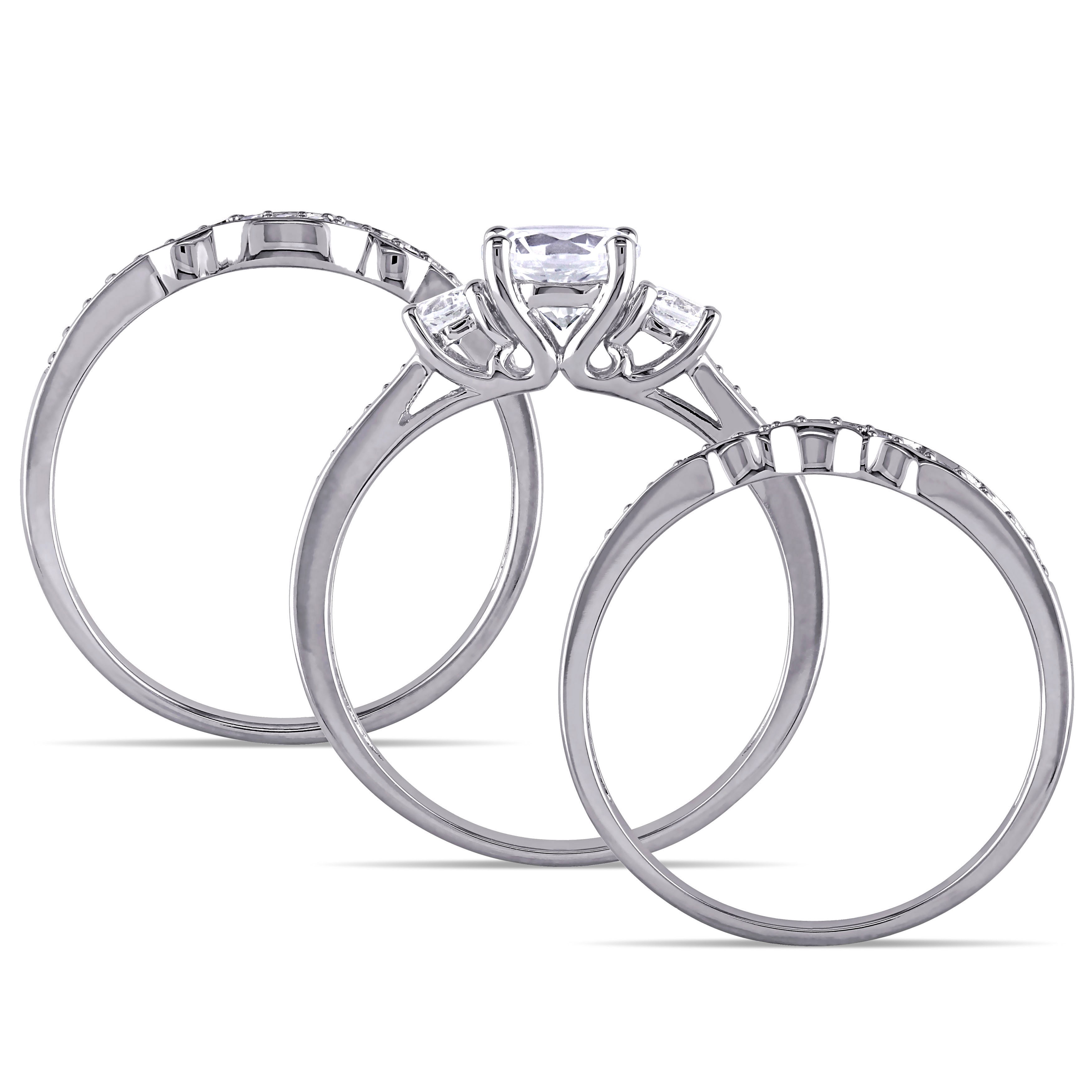 3-Stone Bridal Ring with Created White Sapphire &amp; 1/4ct TDW Diamonds from Yaffie Signature Collection in White Gold