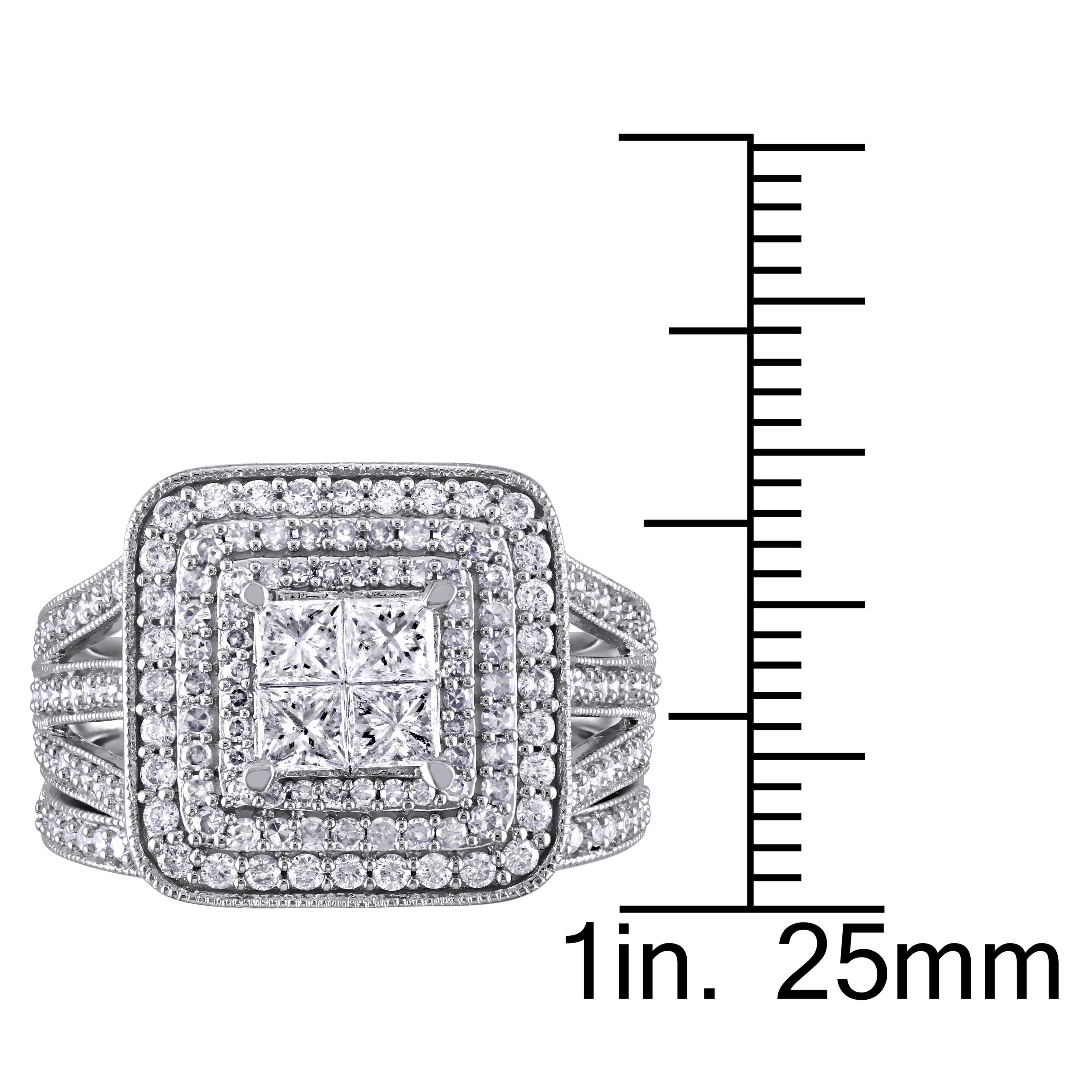 Get Dazzling with Yaffie Double Halo Bridal Set featuring Princess and Round Diamond Cluster in White Gold