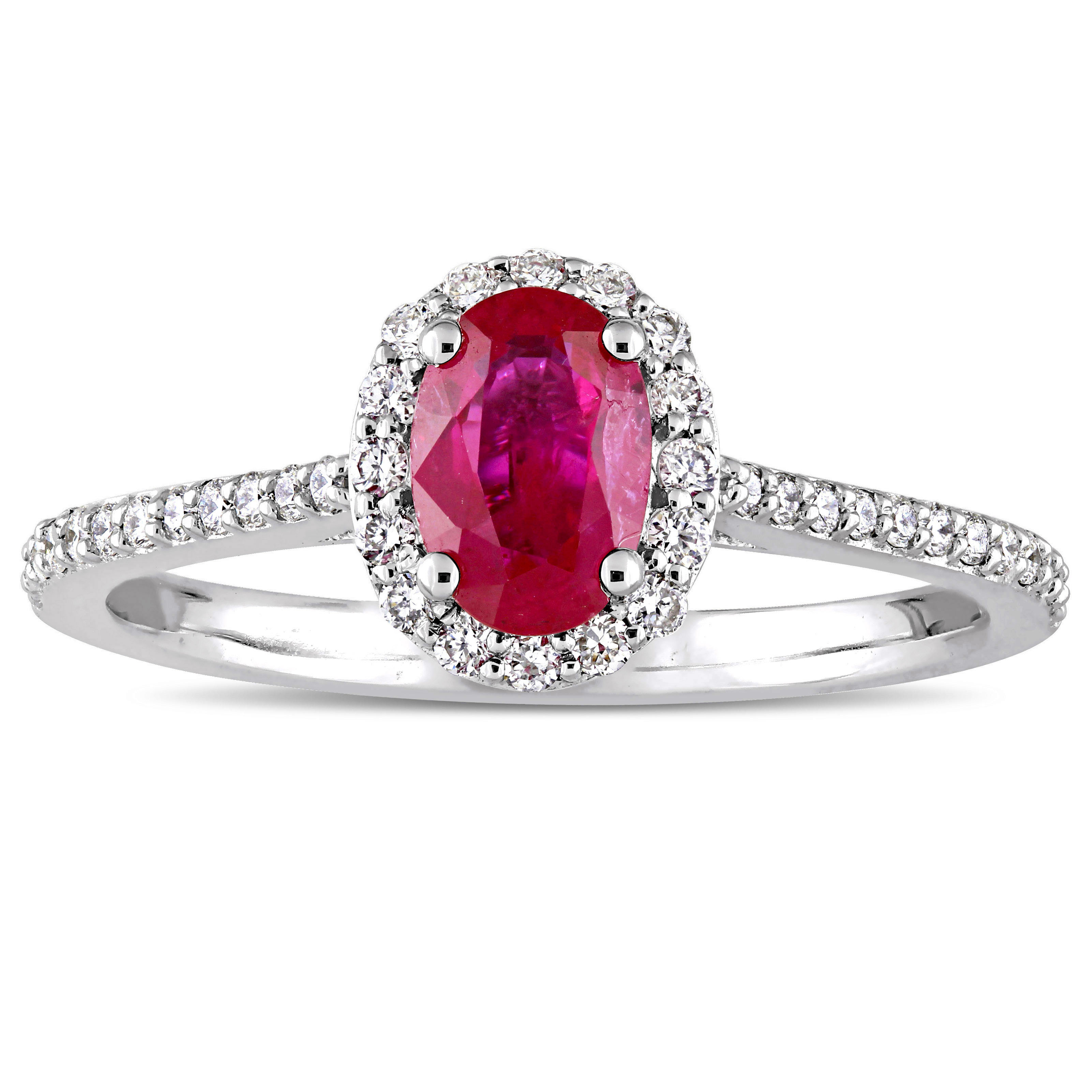 Yaffie Ruby and Diamond Halo Engagement Ring from the Signature Collection in White Gold and Oval-Cut Design with 1/4ct TDW.