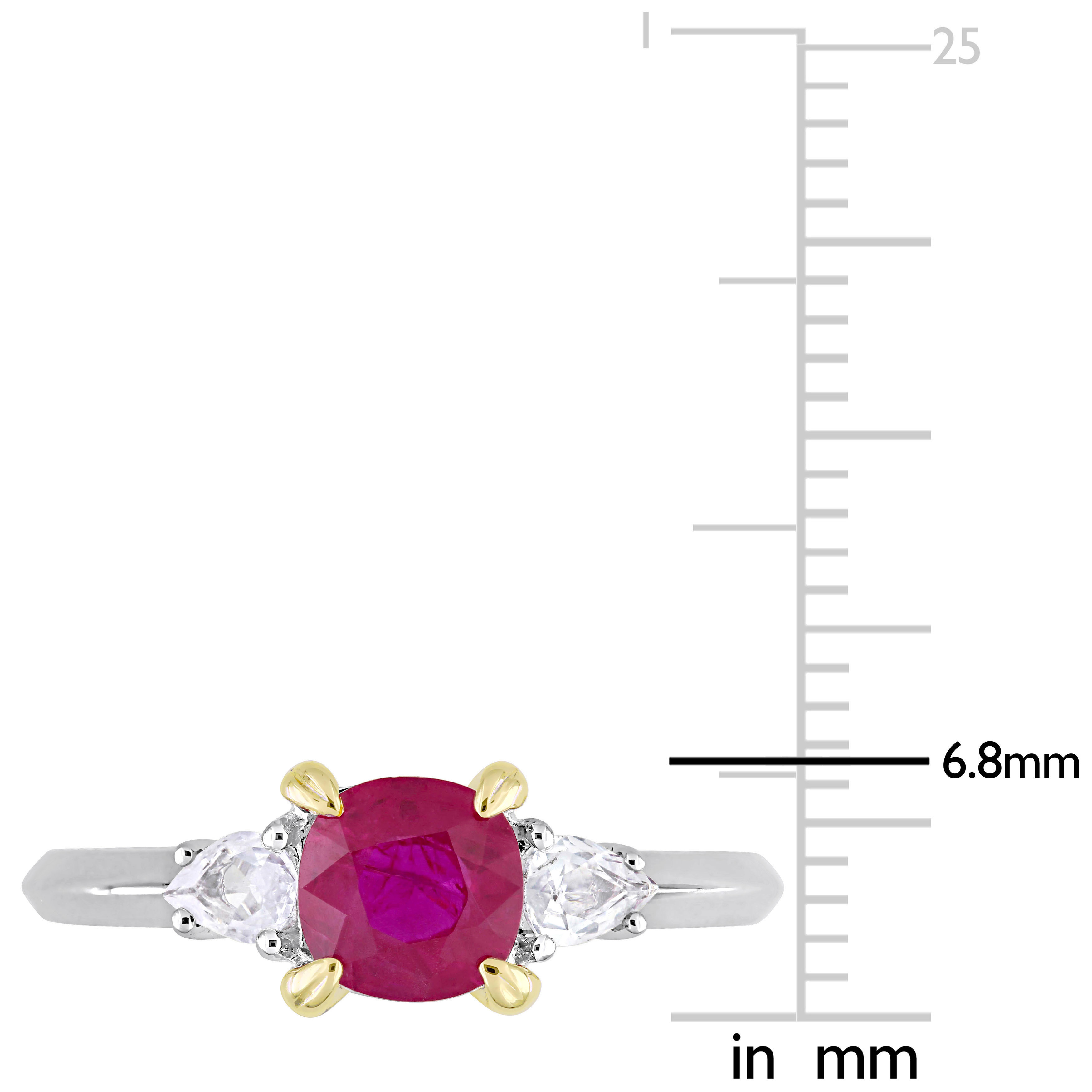 White Gold Ruby and White Sapphire 3-Stone Engagement Ring from Yaffie Signature Collection with Gold Prongs.
