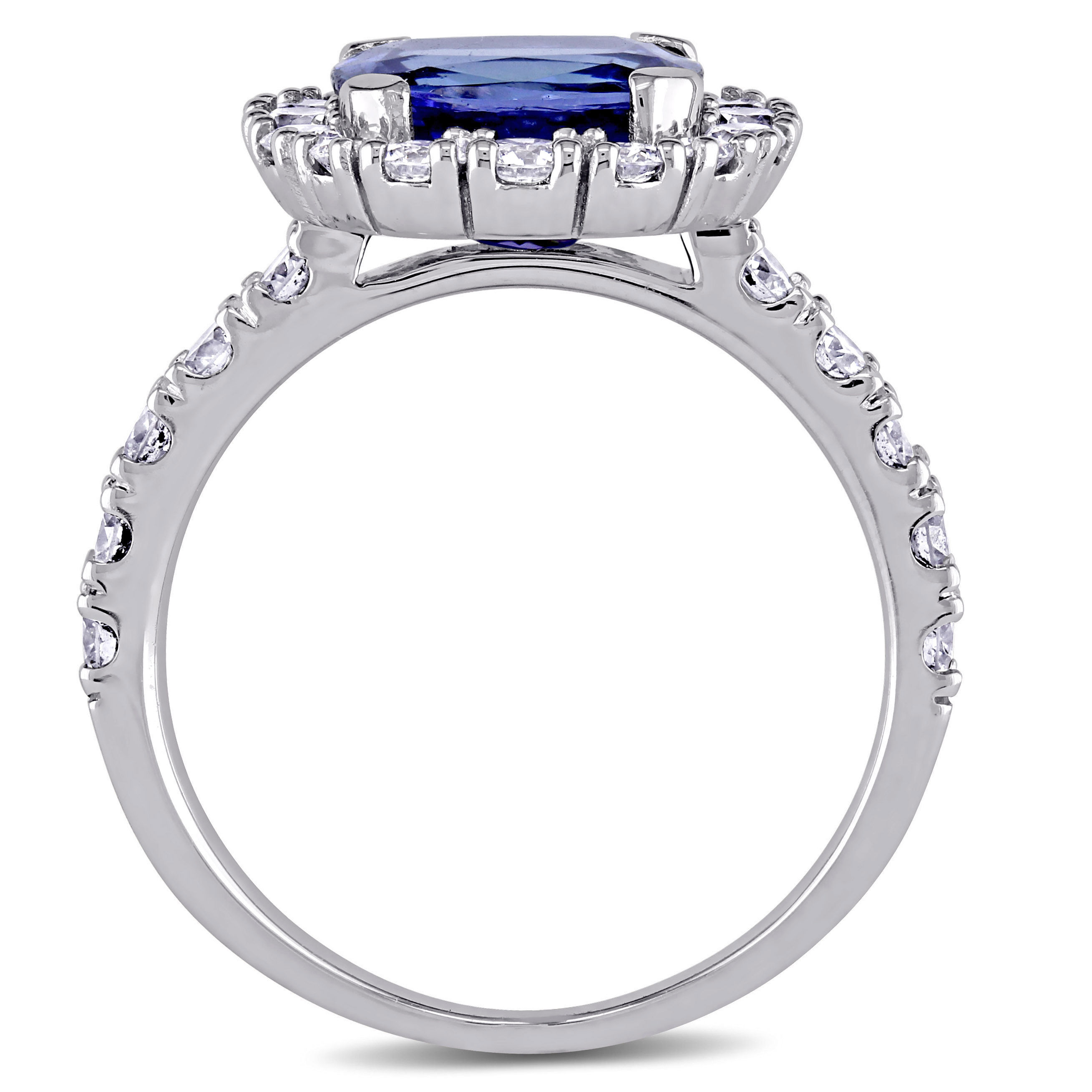 White Gold Engagement Ring with Cushion-Cut Tanzanite and 1ct TDW Diamond Halo from Yaffie Signature Collection.