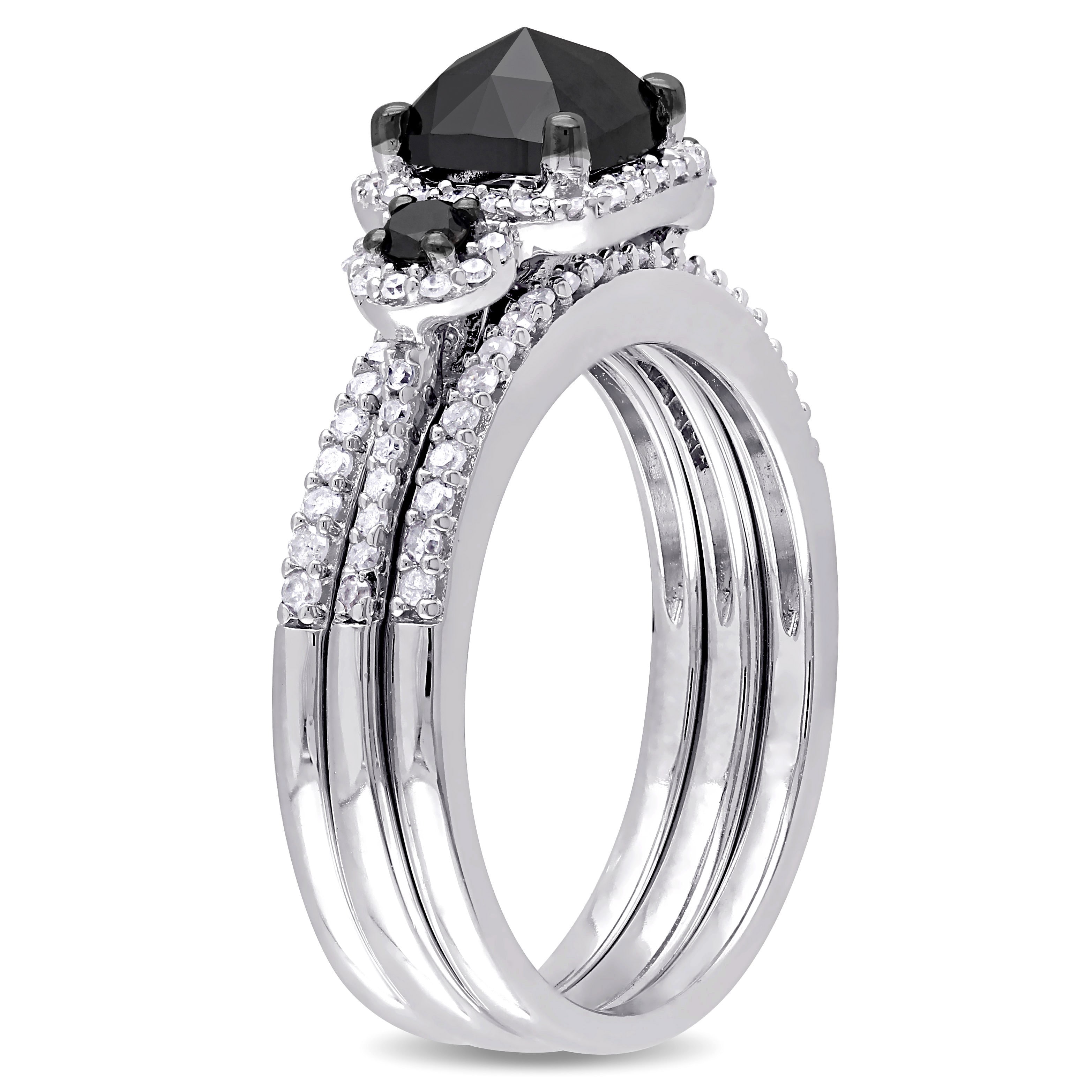 Yaffie ™ Custom-Made Halo Bridal Ring Set with Cushion-Cut Black and White Diamonds in Sterling Silver, Totaling 1.75ct TDW.