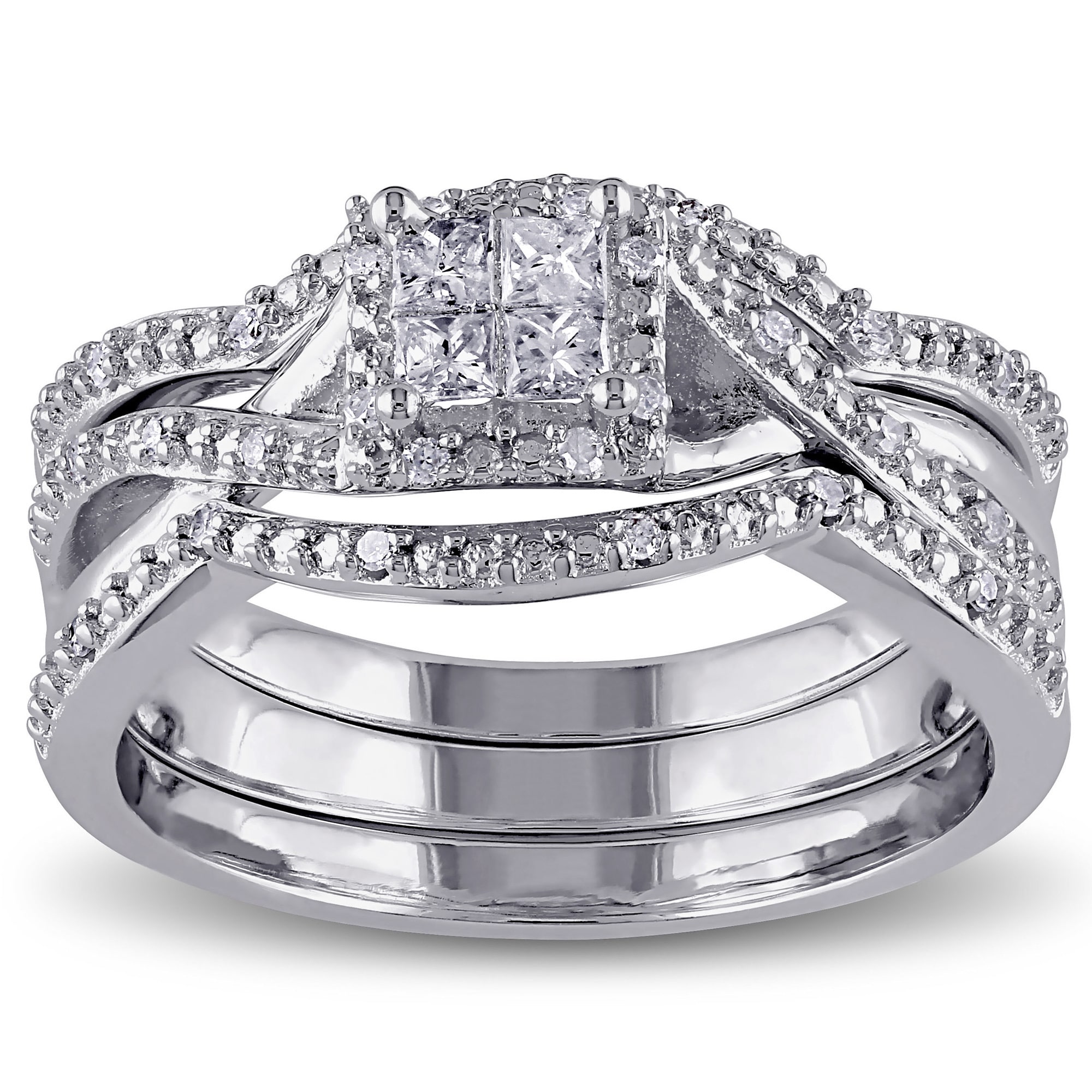Yaffie Princess and Round-cut Split Shank Diamond Bridal Ring Set in Sterling Silver with 1/3ct TDW