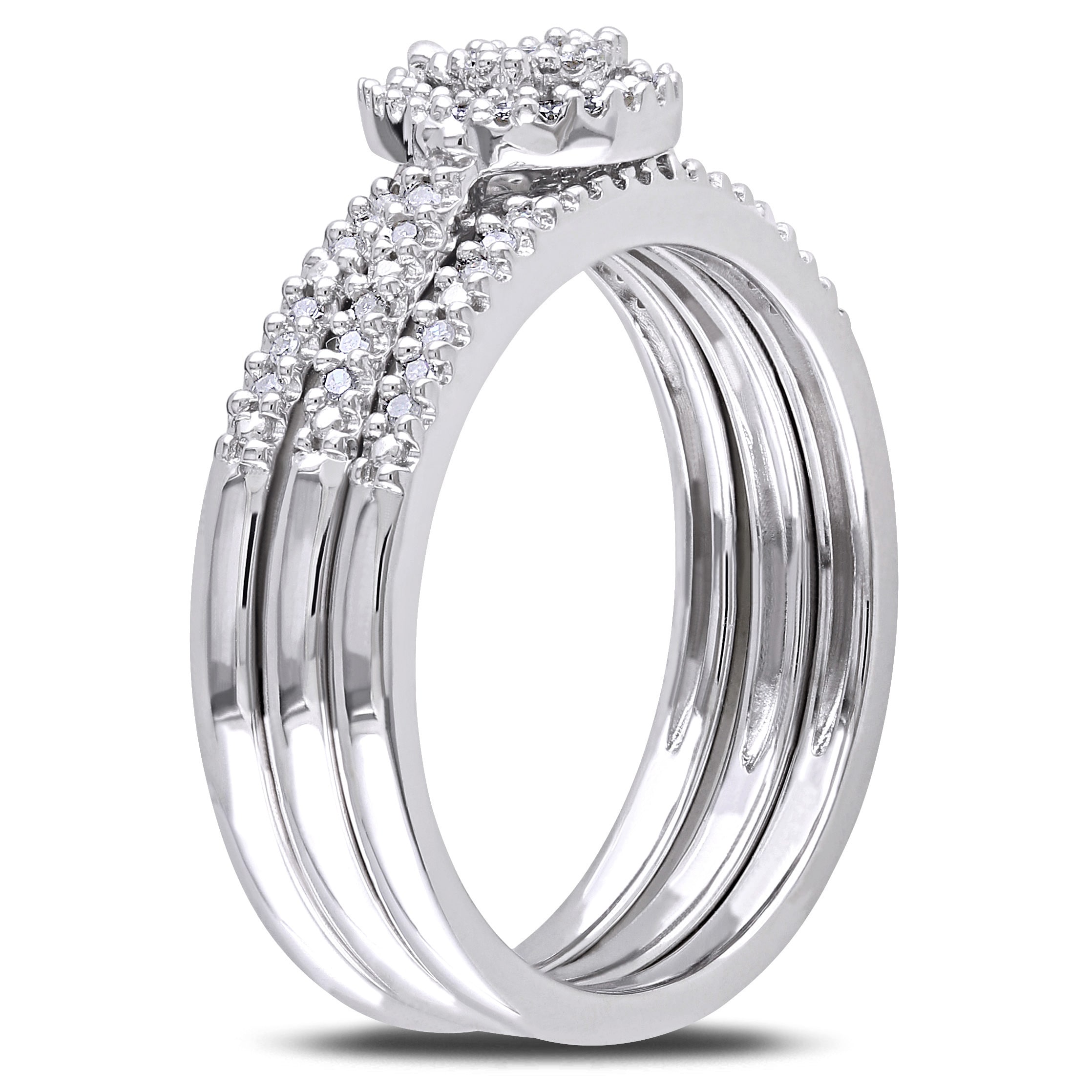 Yaffie Bridal Trio: Sterling Silver Diamond Teardrop Cluster Engagement Ring with Halo Accents, 1/4ct Total Diamond Weight