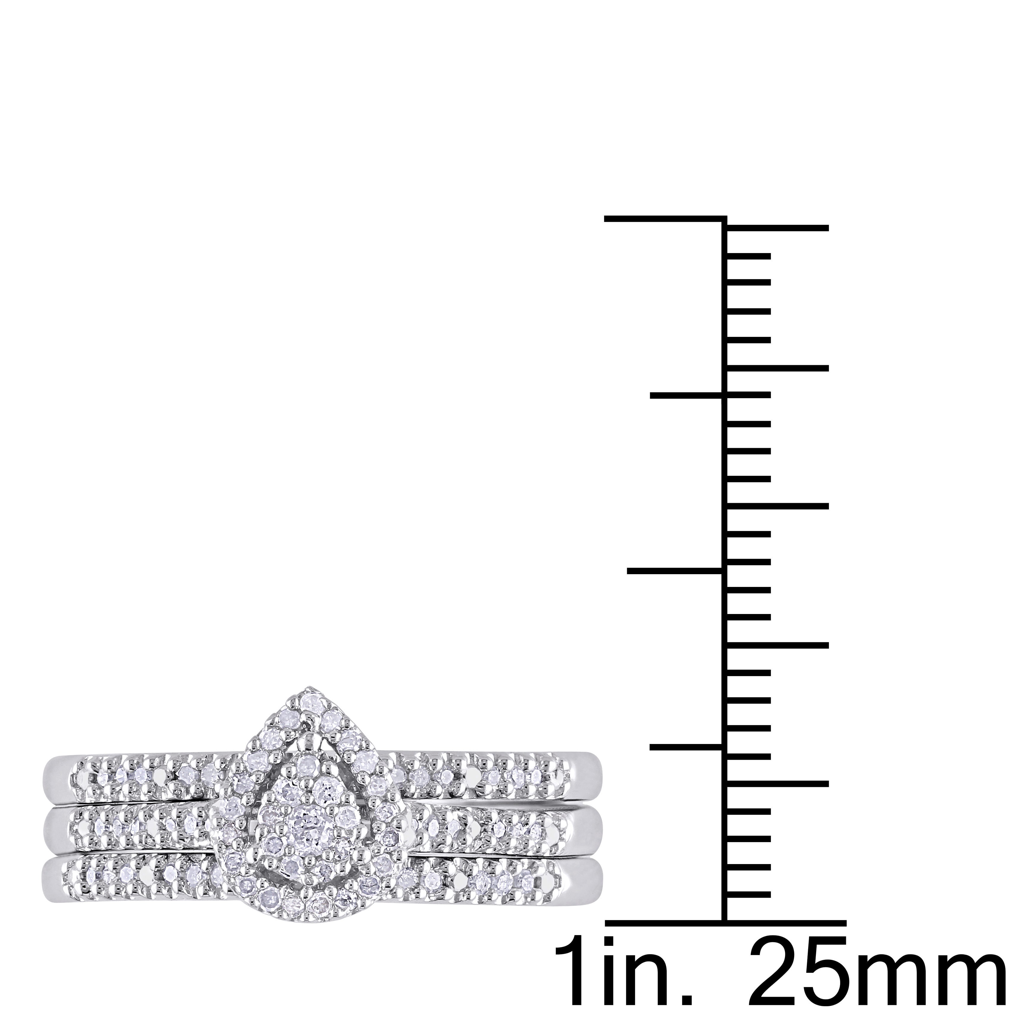Yaffie Bridal Trio: Sterling Silver Diamond Teardrop Cluster Engagement Ring with Halo Accents, 1/4ct Total Diamond Weight