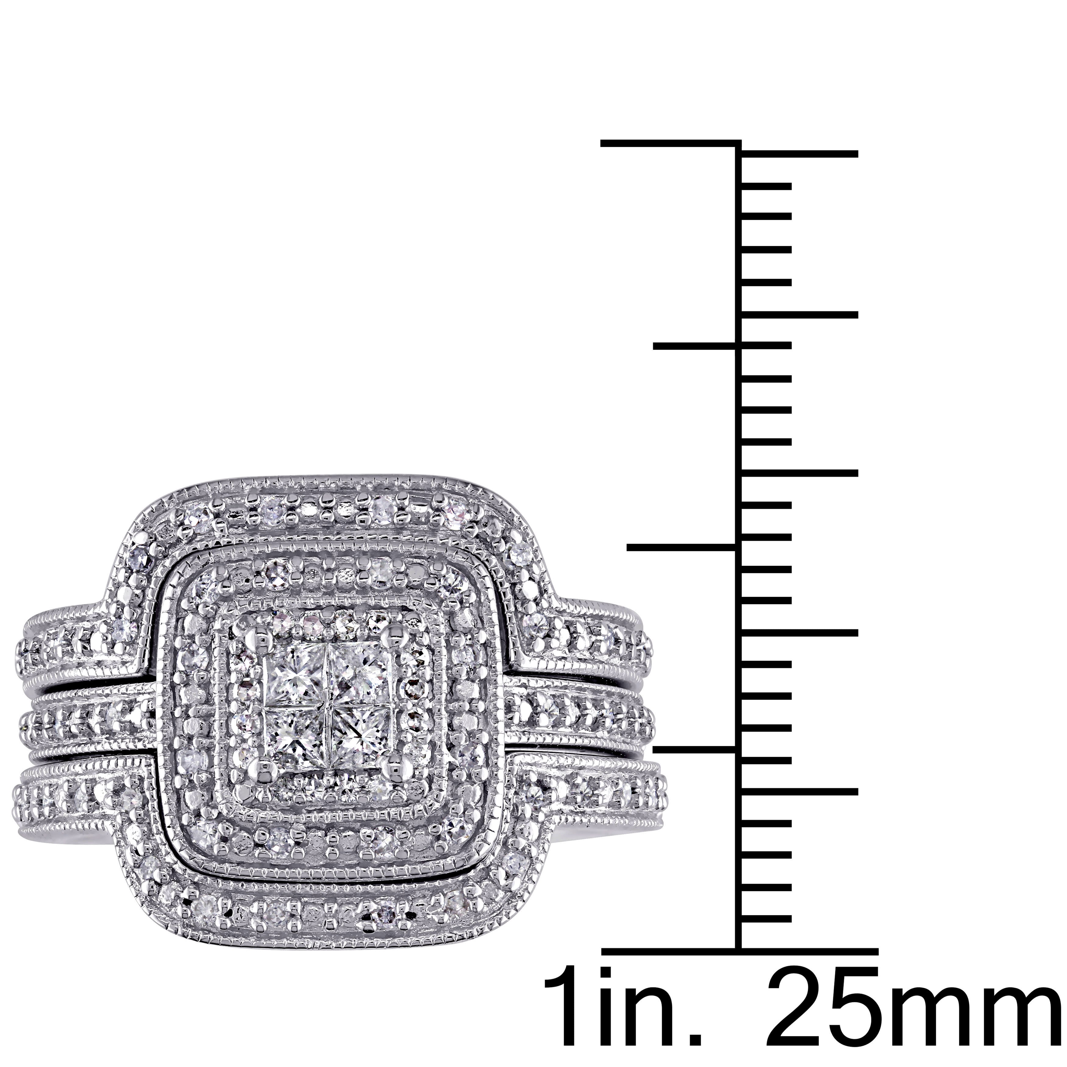 Yaffie Bridal Ring Set - Sterling Silver, 3/8ct TDW Princess-Cut Diamond and Halo, 3-Piece