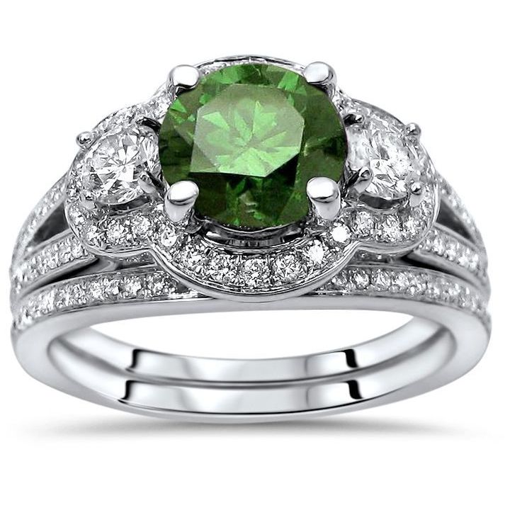 Green 1.5ct Round Diamond Three-Stone Bridal Engagement Ring Set in White Gold by Yaffie.