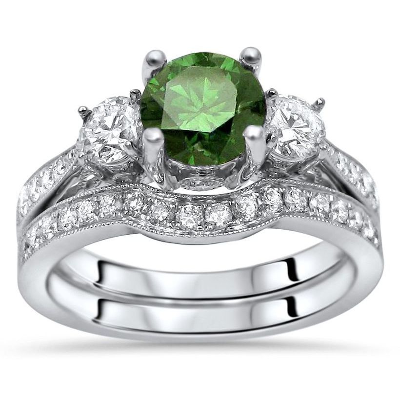 Green Round Diamond Bridal Set: Yaffie 1 1/2ct Three-Stone Wonder in White Gold