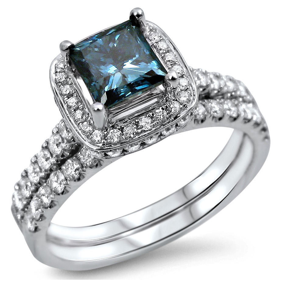 Blue Princess Cut Diamond Engagement Ring Set with 1 1/2 TDW in Yaffie White Gold