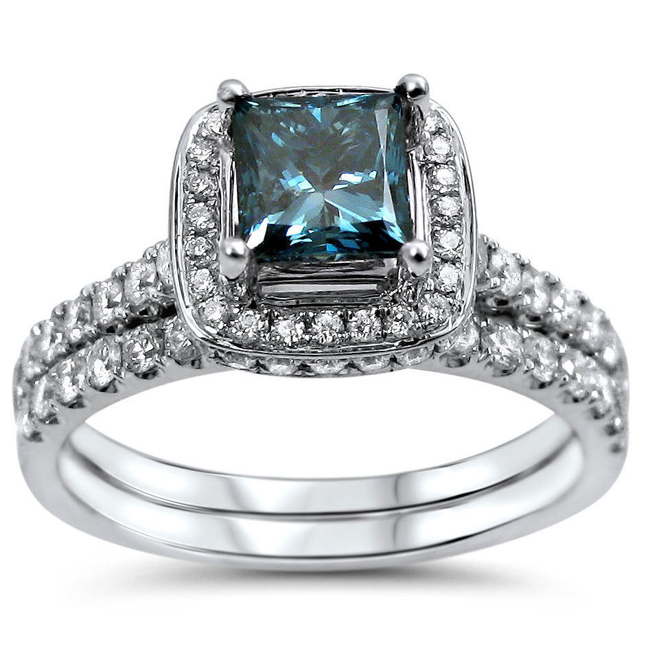 Blue Princess Cut Diamond Engagement Ring Set with 1 1/2 TDW in Yaffie White Gold