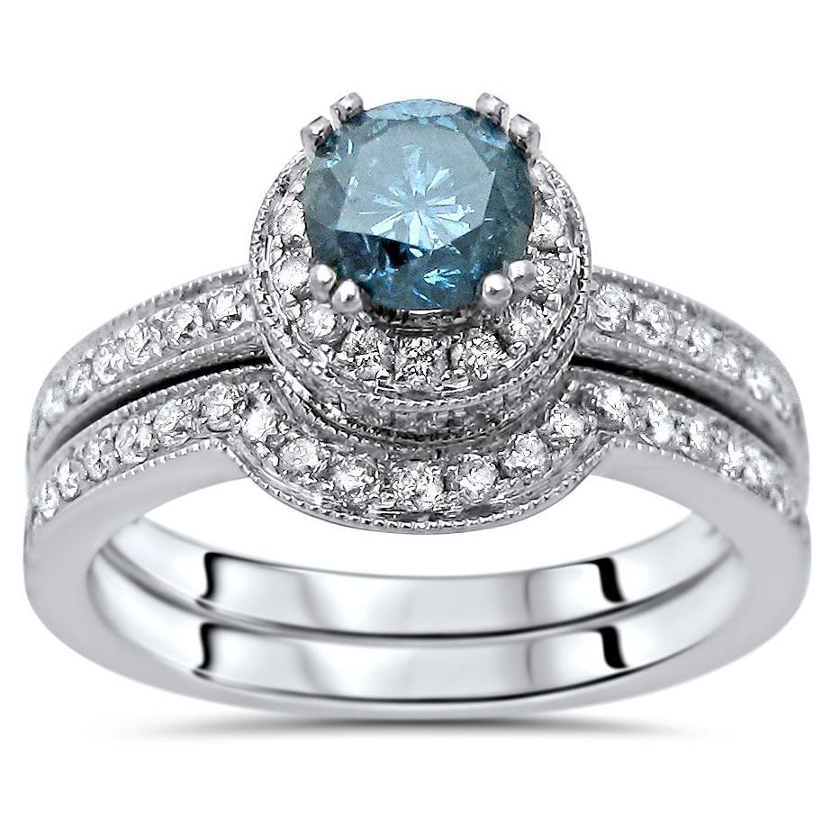 Blue Round Diamond Engagement Bridal Set with 1 1/2ct TDW in White Gold by Yaffie