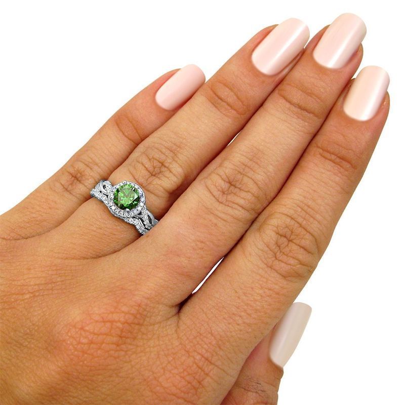 Green Round Diamond Bridal Set with 1 1/4ct TDW in Yaffie White Gold Engagement Ring