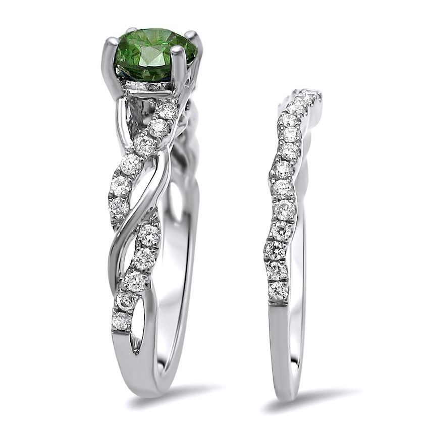 Green Round Diamond Engagement Ring in Yaffie White Gold Bridal Set (1 1/6ct)