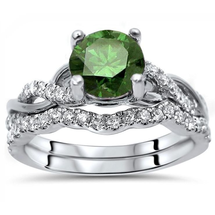 Green Round Diamond Engagement Ring in Yaffie White Gold Bridal Set (1 1/6ct)