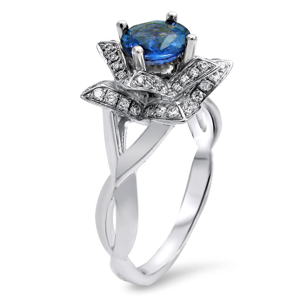 Blue Sapphire Diamond Lotus Engagement Ring by Yaffie - White Gold, 2/5ct Total Weight