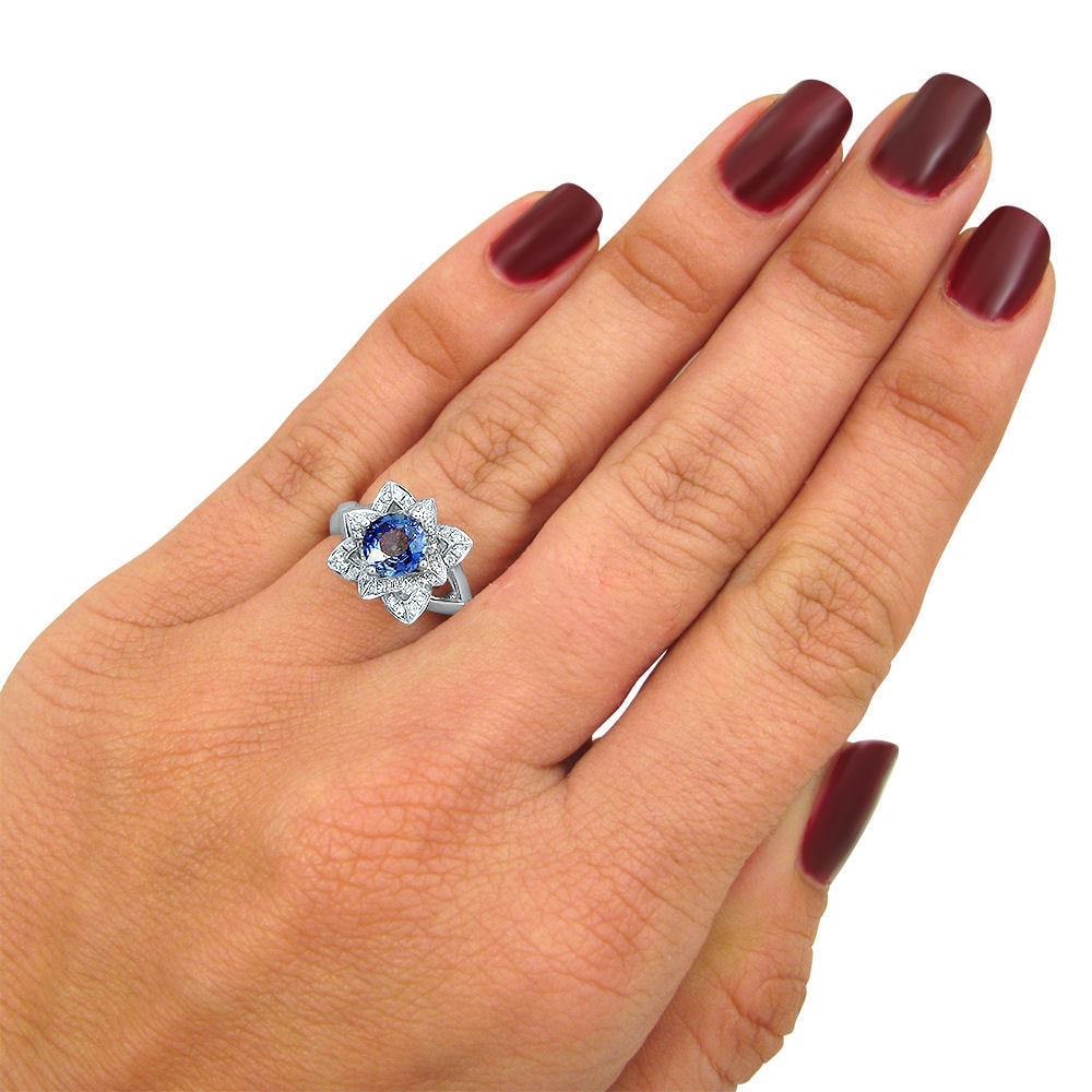 Blue Sapphire Diamond Lotus Engagement Ring by Yaffie - White Gold, 2/5ct Total Weight