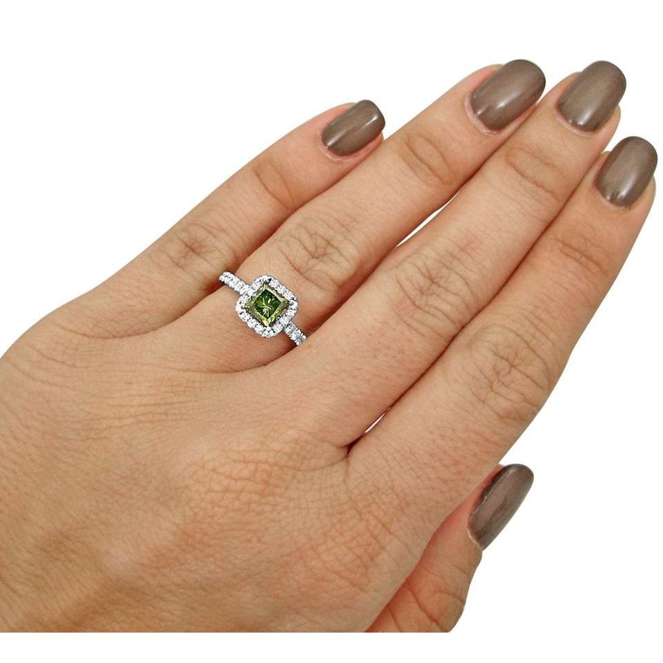 Green Princess Cut Diamond Ring with 1 1/4ct TDW, crafted in Yaffie White Gold for an enchanting engagement.