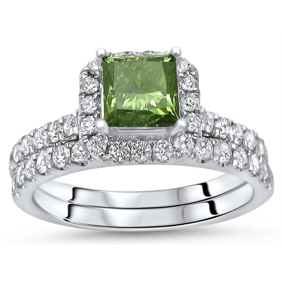 White Gold Engagement Ring Set with 1 3/5ct TDW Green Princess Cut Diamond by Yaffie.