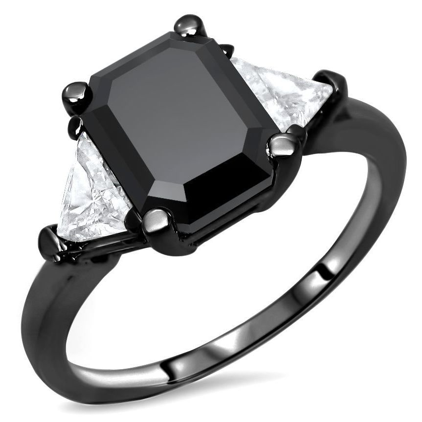 Black Gold Trillion Cut 3 Stone Engagement Ring with 3 3/5 Emerald Cut Diamond - Yaffie™ Custom Made