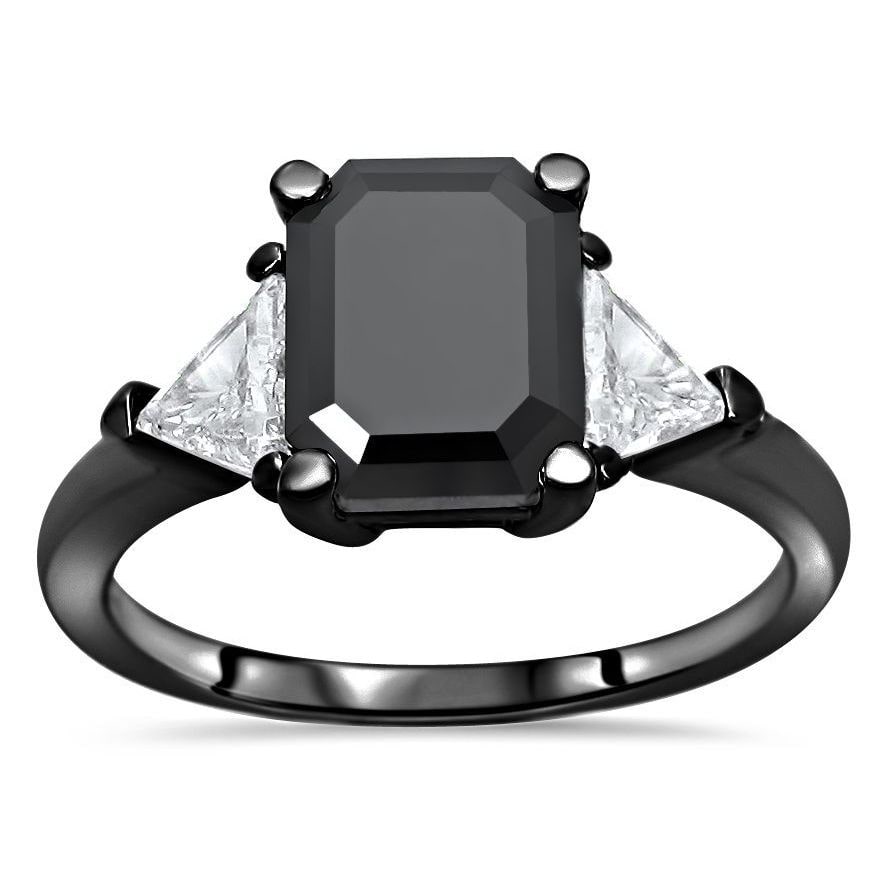 Black Gold Trillion Cut 3 Stone Engagement Ring with 3 3/5 Emerald Cut Diamond - Yaffie™ Custom Made