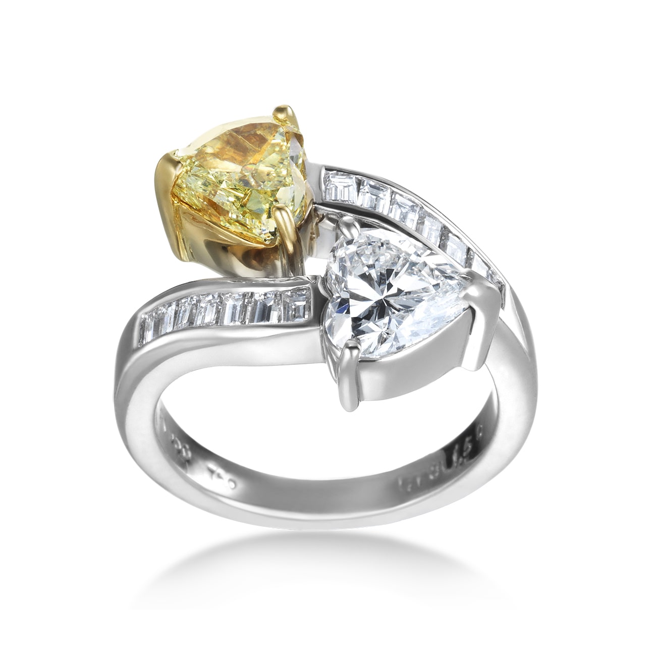 White and Yellow Diamond Double Heart Ring with 3 1/5 TDW in Yaffie Platinum
