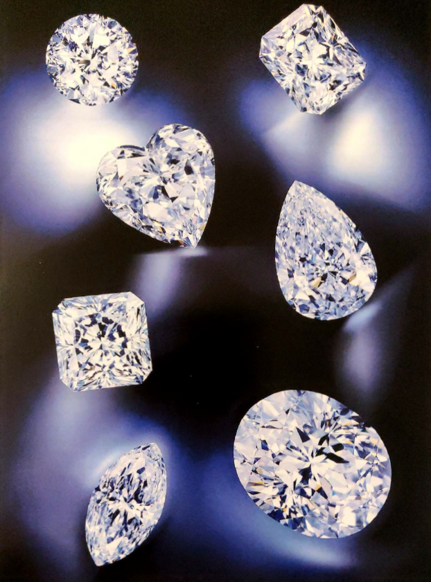 A new style of brilliant cut, which is available in a variety of shapes-(clockwise from top left) round, octagonal rectangle, pear shape, oval, marquise, octagonal square, and heart.