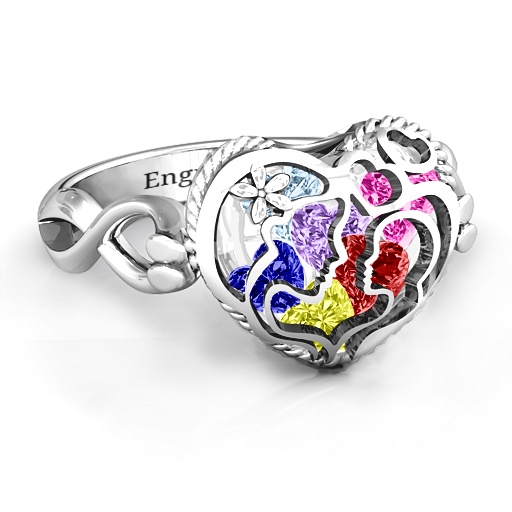 Yaffie ™ Custom-Made Personalised Caged Hearts Ring with Infinity Band for Mother and Child