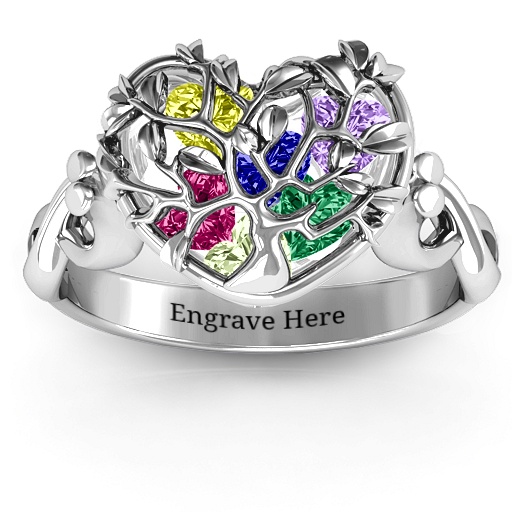 Yaffie ™ Custom-Made Personalised Family Tree Ring with Infinity Band and Caged Hearts