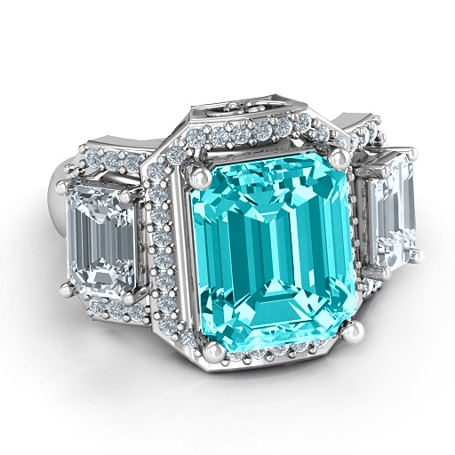 Yaffie ™ Custom Made Personalised Trinity Ring with Triple Halo and Emerald Cut