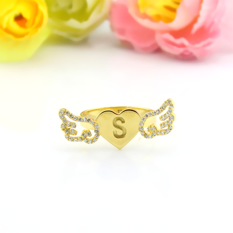 Yaffie ™ Custom Made Personalised Heart Ring with Birthstone Initial and Angel Wings